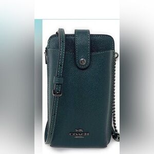Coach North South Cross-grain Leather Phone Crossbody In Everglade